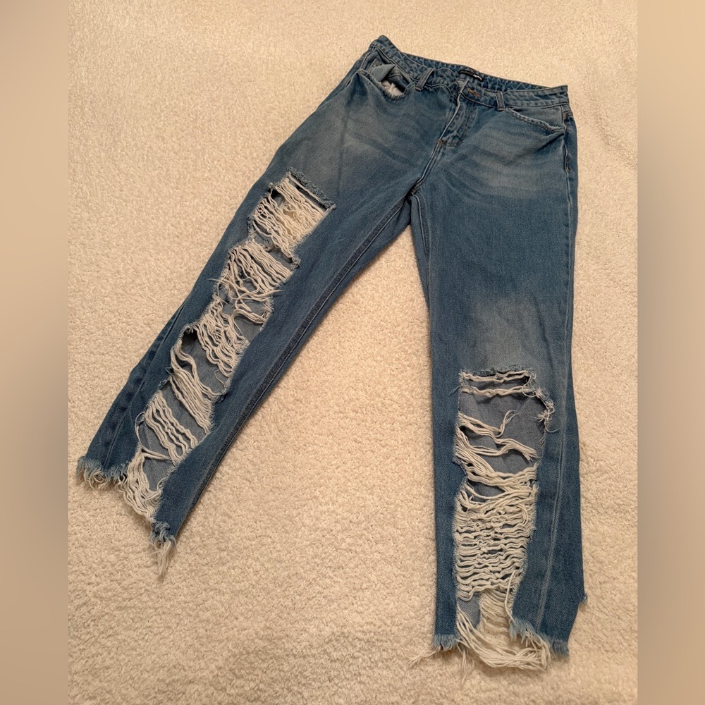 Fashion Nova Ripped Blue Straight Leg Jeans